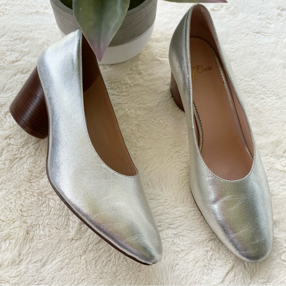 jcrew 7.5 silver cylinder block heel leather pumps shoes